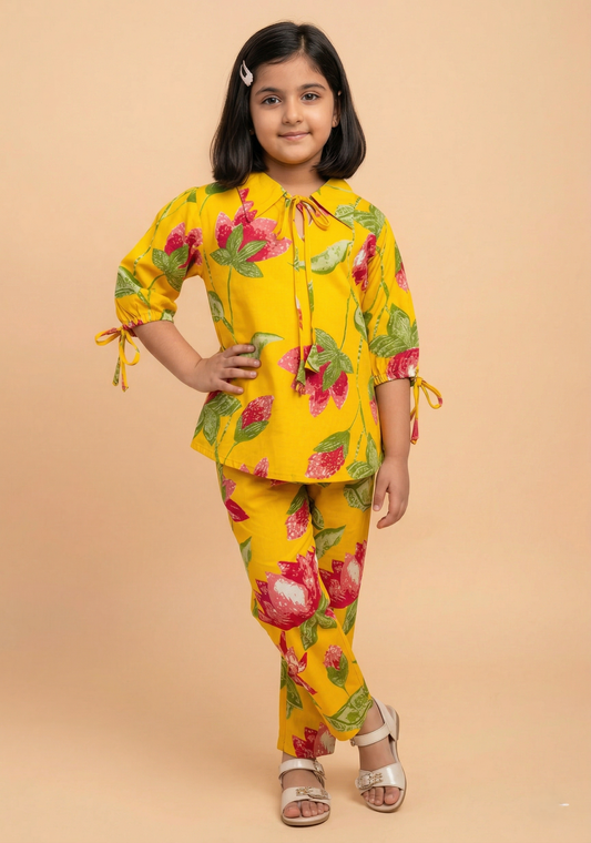 Yellow Trendy Printed Cotton Co-ord Set for Kids