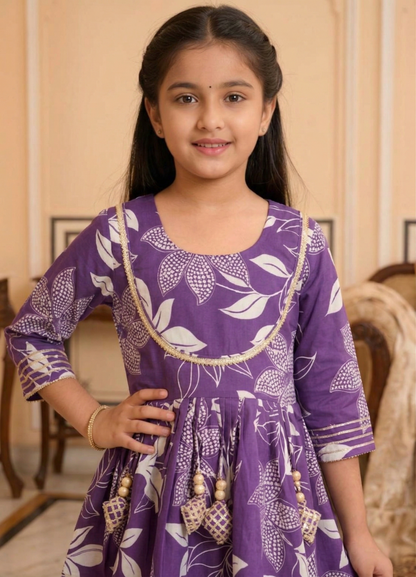 Purple Floral Printed Cotton Kurti And Flared Palazzo