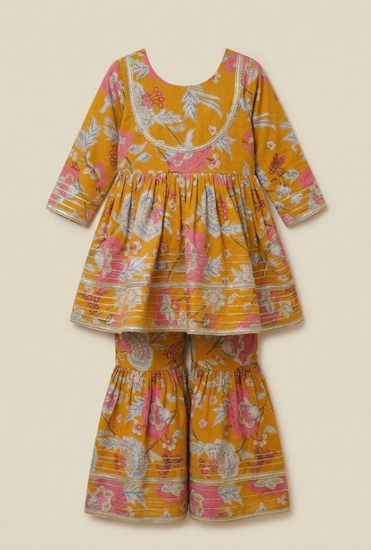 Mustard and Pink Floral Printed Cotton Kurti And Flared Palazzo