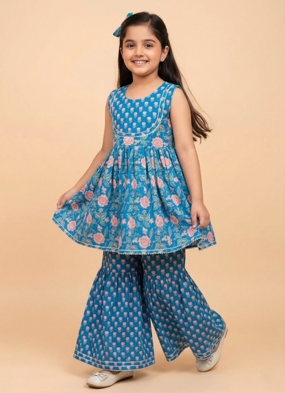 Blue Floral Printed Cotton Kurti And Flared Palazzo