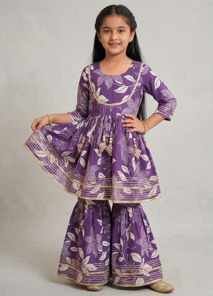 Purple Floral Printed Cotton Kurti And Flared Palazzo