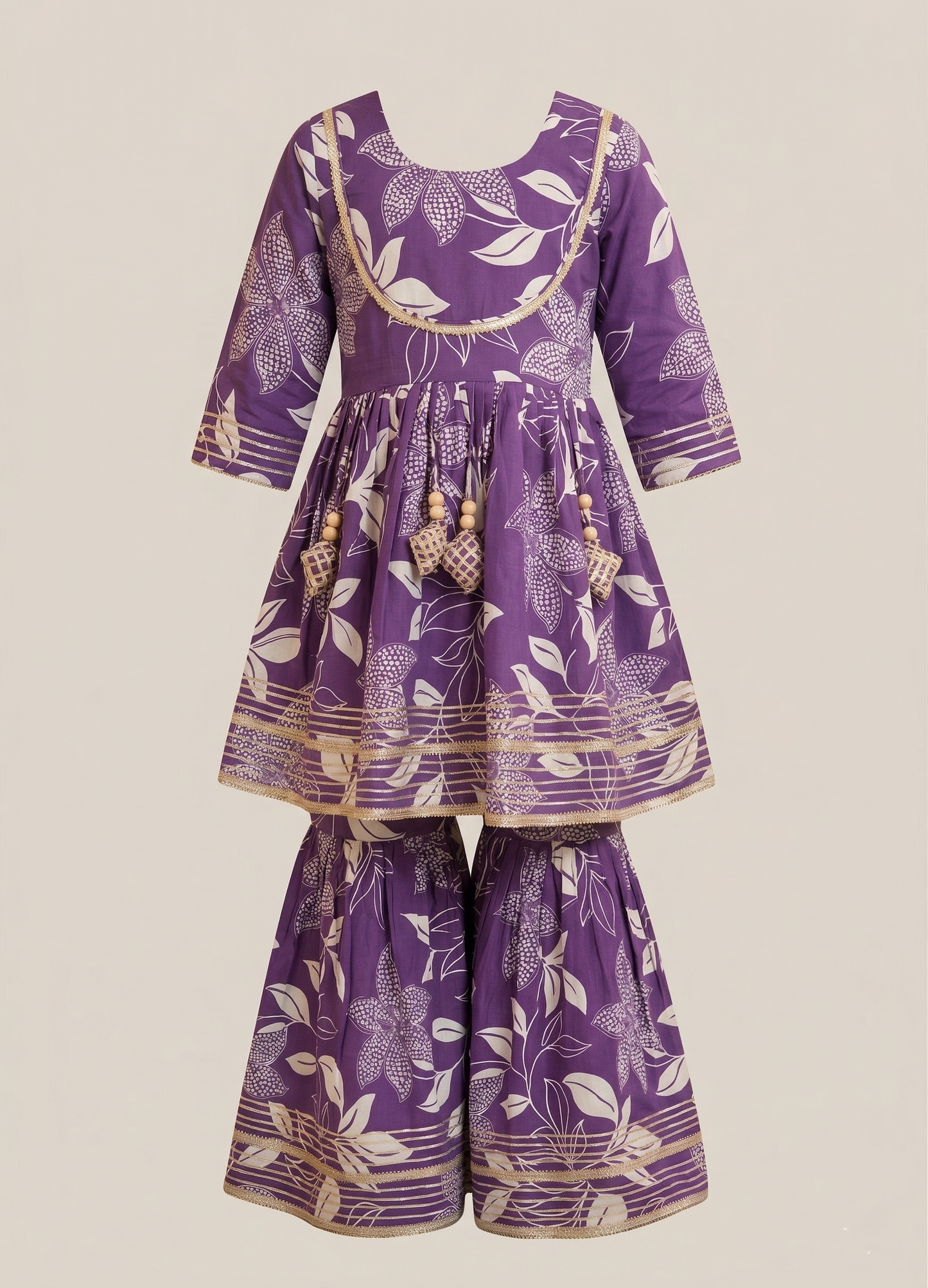 Purple Floral Printed Cotton Kurti And Flared Palazzo