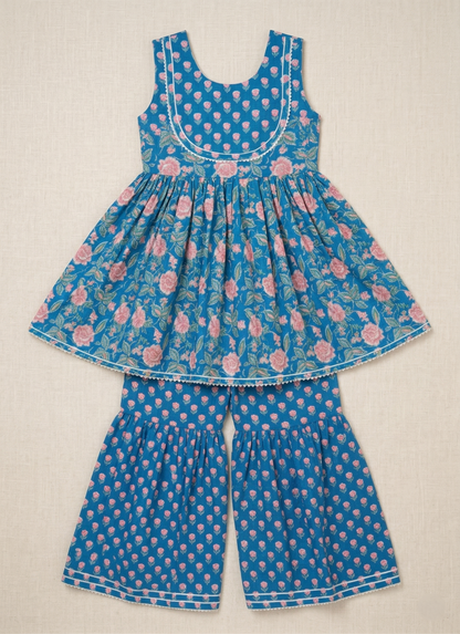 Blue Floral Printed Cotton Kurti And Flared Palazzo