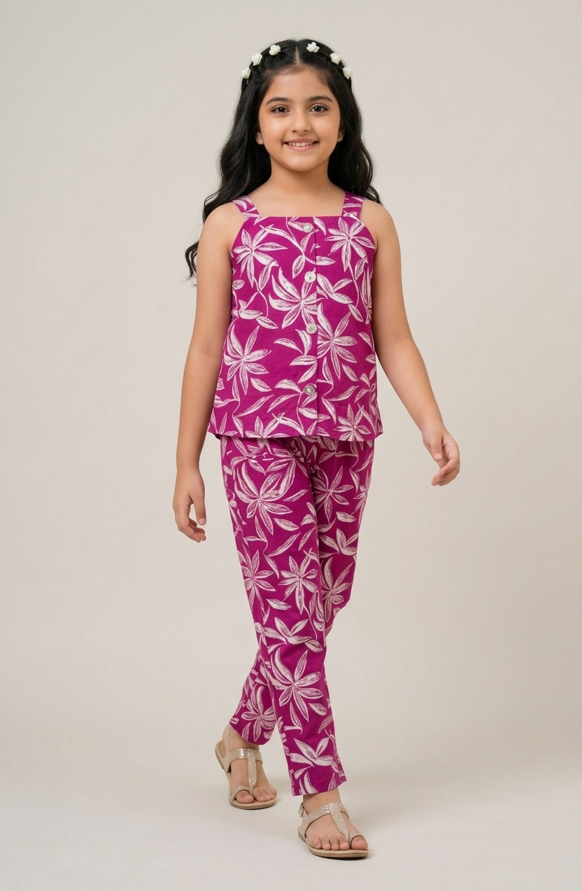 Pink Sleeveless Trendy Printed Cotton Co-ord Set for Kids