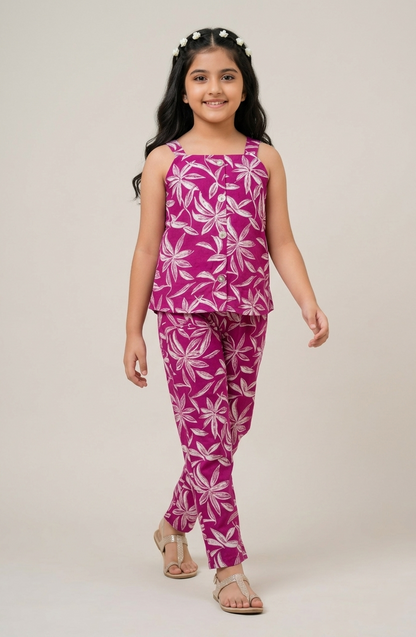 Pink Sleeveless Trendy Printed Cotton Co-ord Set for Kids