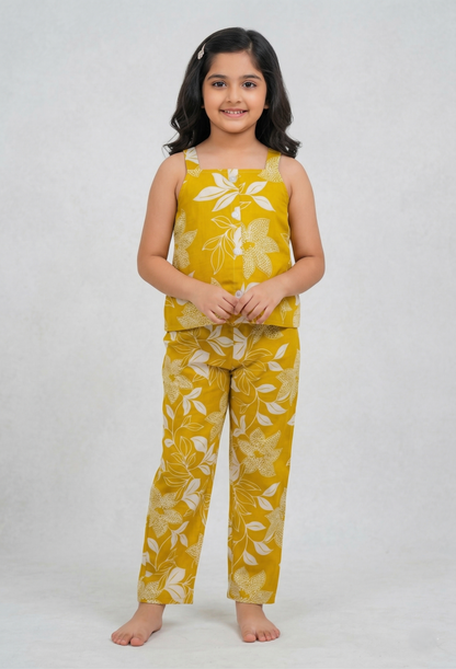 Yellow Sleeveless Trendy Printed Cotton Co-ord Set for Kids
