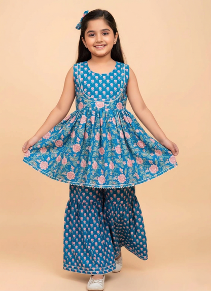 Blue Floral Printed Cotton Kurti And Flared Palazzo