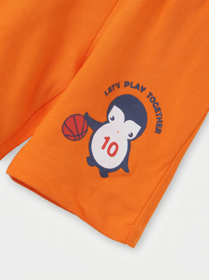 Little Play Together Penguin & Basketball Graphic Toddler Shorts in Orange.