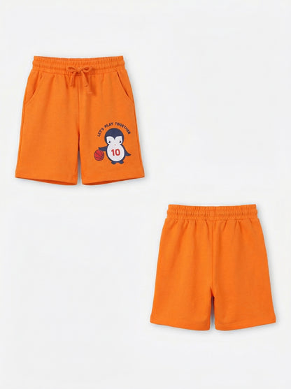 Little Play Together Penguin & Basketball Graphic Toddler Shorts in Orange.