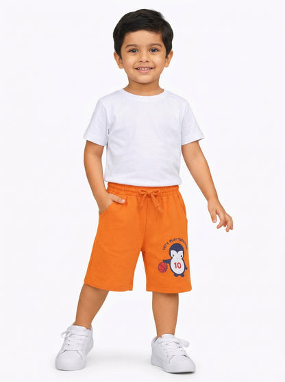 Little Play Together Penguin & Basketball Graphic Toddler Shorts in Orange.