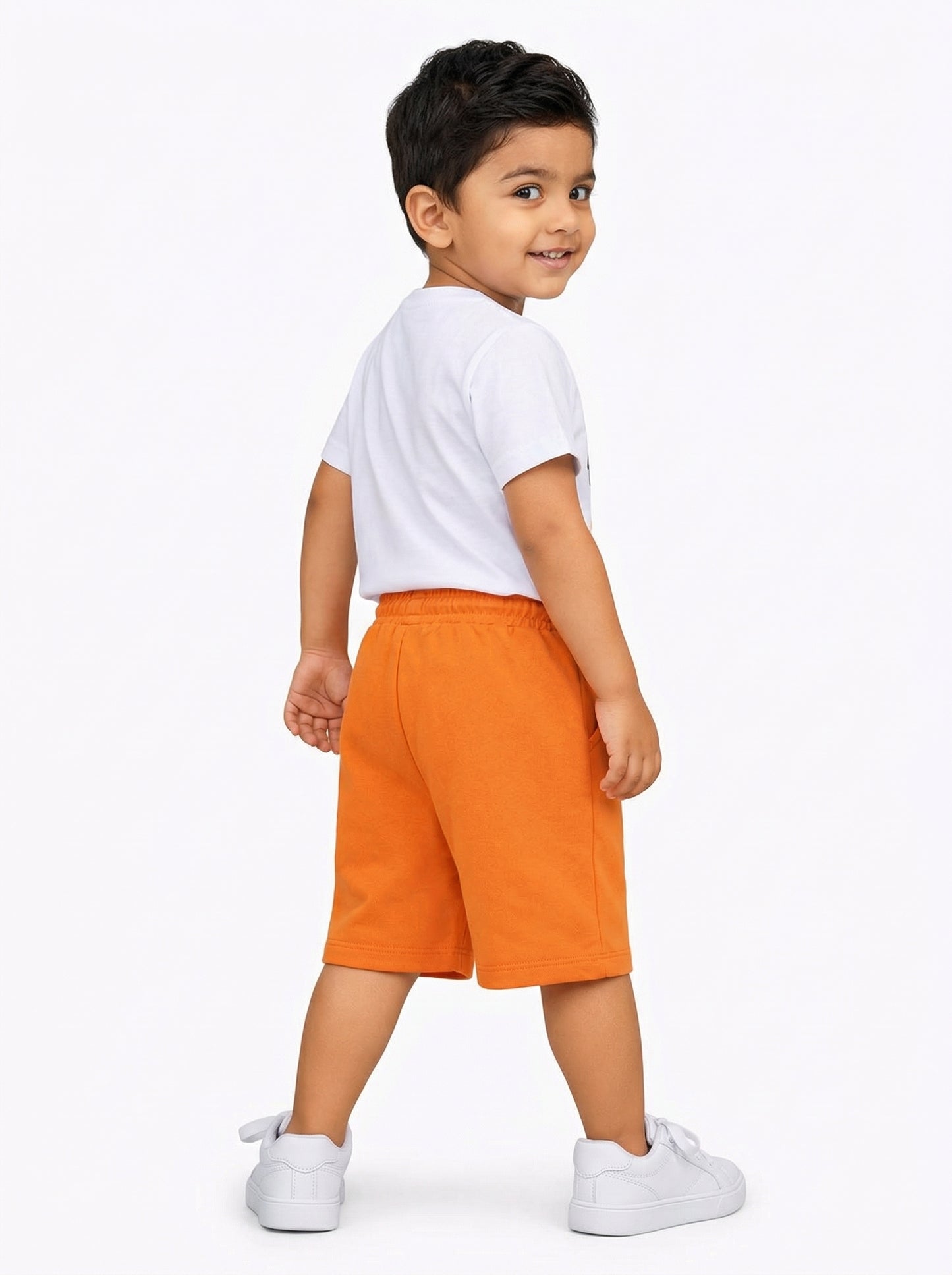 Little Play Together Penguin & Basketball Graphic Toddler Shorts in Orange.