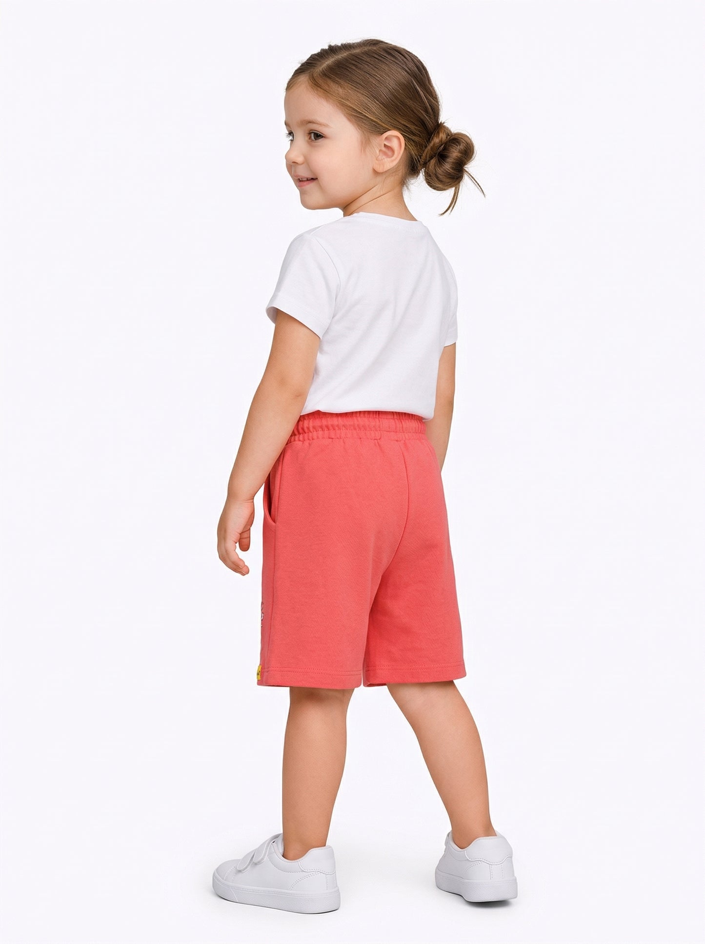 No Words... Just Hug!" Elephant Graphic Toddler Shorts in Coral Red.