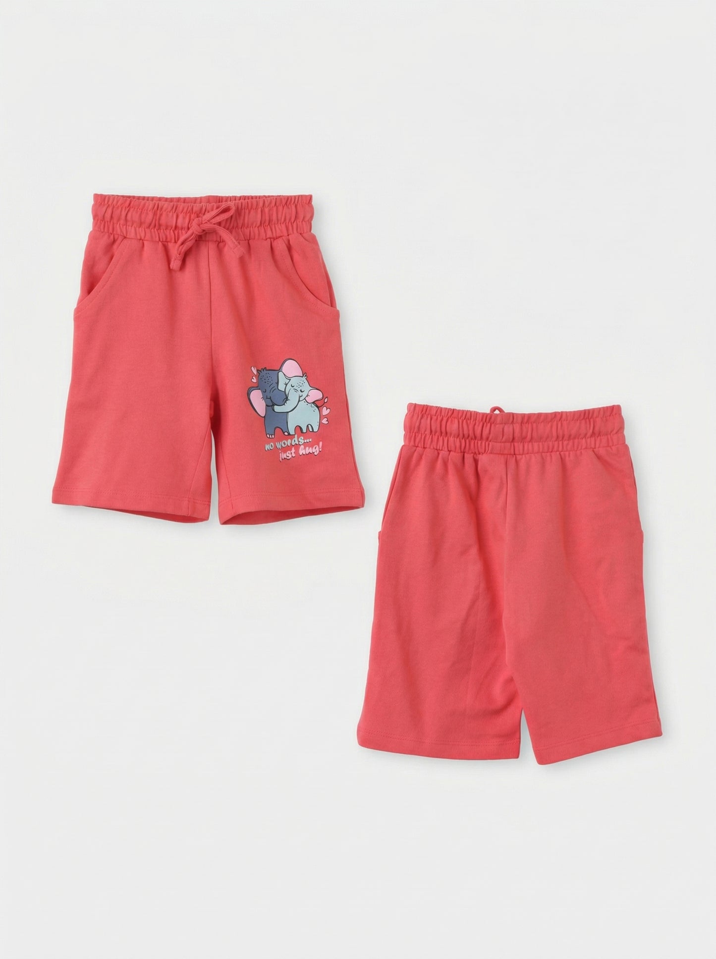 No Words... Just Hug!" Elephant Graphic Toddler Shorts in Coral Red.