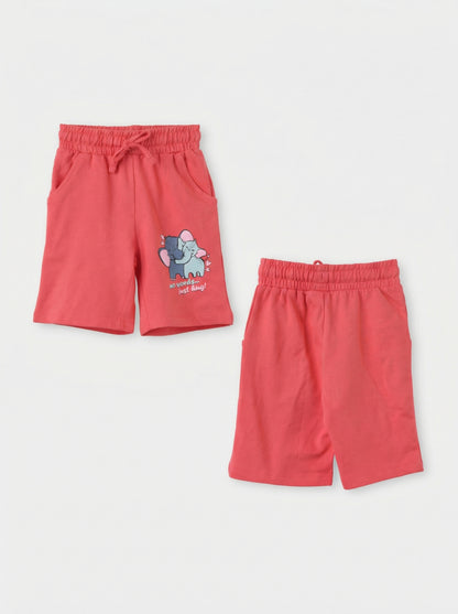 No Words... Just Hug!" Elephant Graphic Toddler Shorts in Coral Red.