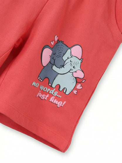 No Words... Just Hug!" Elephant Graphic Toddler Shorts in Coral Red.