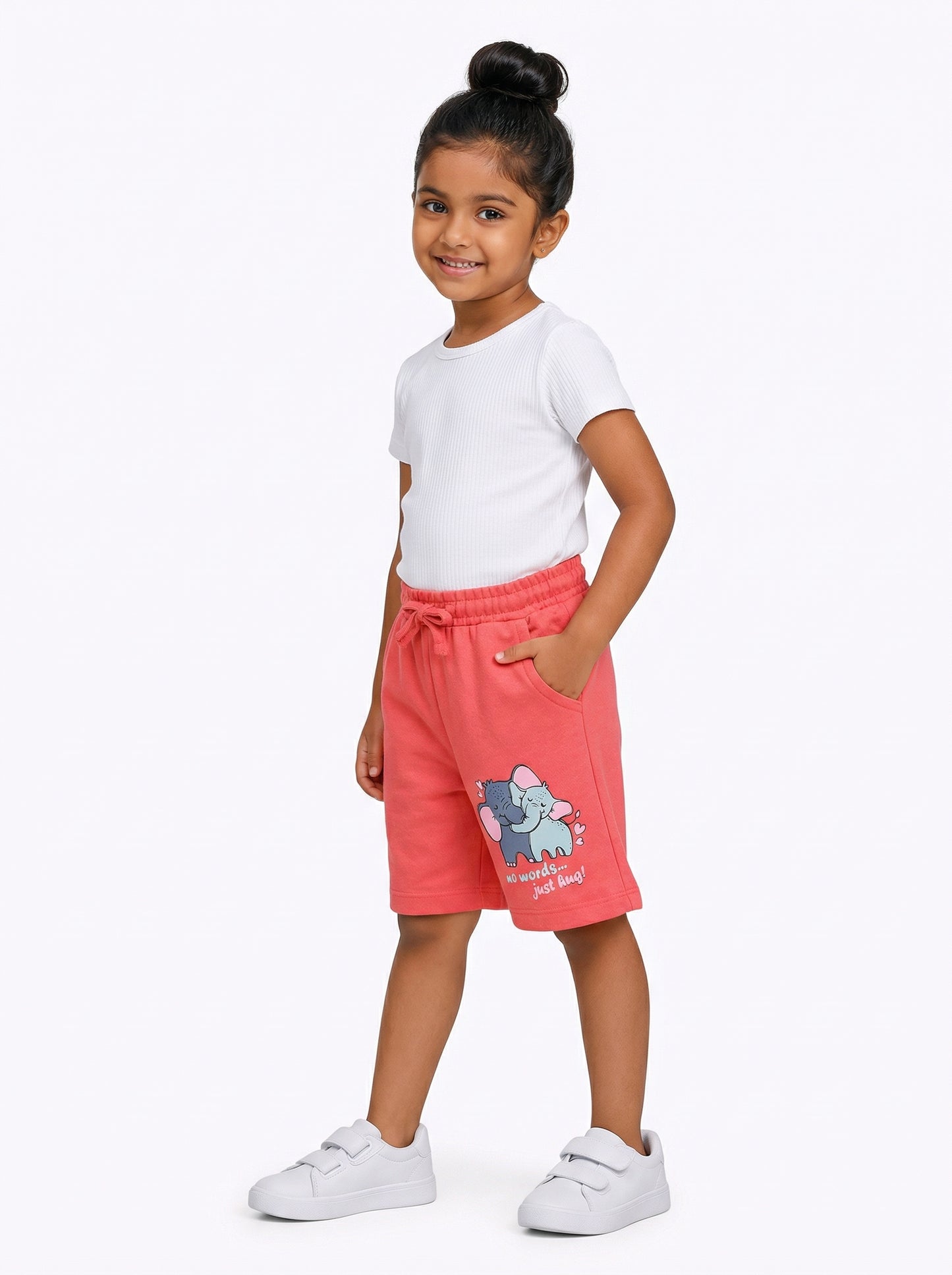 No Words... Just Hug!" Elephant Graphic Toddler Shorts in Coral Red.