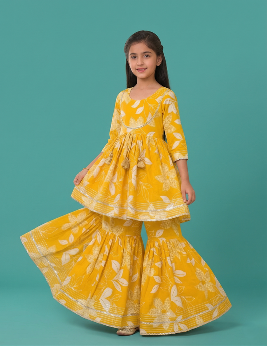 Yellow Floral Printed Cotton Kurti And Flared Palazzo