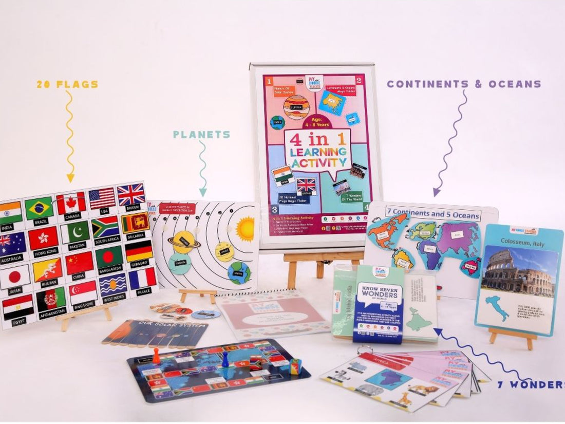 Jumbo 4 in 1 Concepts Fun Learning Activity Pack - Flags, Continents, Planets And 7 Wonders